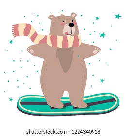 Cute bear on snowboard. Vector illustration. Eps 10.