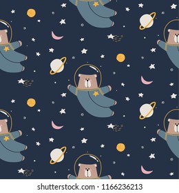 Cute bear on space pattern on blue bacground. Vector illustration. Eps 10