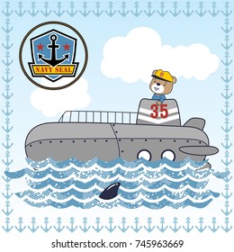 Cute bear on submarine with navy seal logo on blue sky background in anchor frame border, vector cartoon illustration