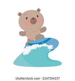 Cute Bear on the Surfboard. Cartoon style. Vector illustration. For card, posters, banners, books, printing on the pack, printing on clothes, fabric, wallpaper, textile or dishes.