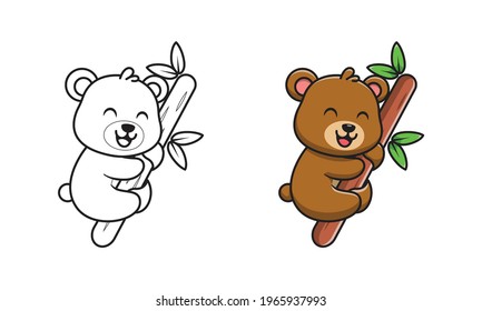 Cute bear on wood cartoon coloring pages for kids