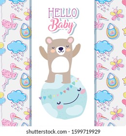cute bear on world hearts love cartoon, vector illustration for baby shower 
