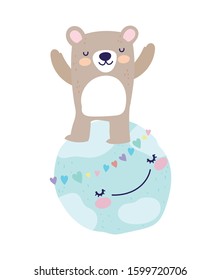 Cute bear on world with hearts. Cartoon vector illustration for baby shower.