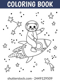 Lindo oso en espacio abierto para colorear página. Astronauta animal en trajes espaciales. Hoja de trabajo imprimible con solución para la escuela y el preescolar.