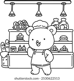 A cute bear opens a bakery shop, coloring page for kids, hand drawn, coloring book, coloring page, vector, doodle, illustration, outline, line, cartoon, drawing, cute, isolated, white background, book