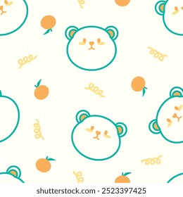 Lindo oso y Vector naranja sin patrón. Estilo de dibujos animados. Fondo infantil para papel, tela, envoltura de regalo, decoración de interiores, tarjeta, regalo de papel, caja del teléfono.