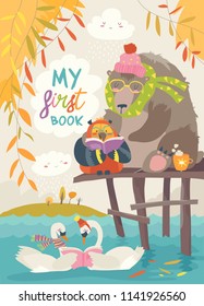 Cute bear ,owl and swans reading books in autumn forest