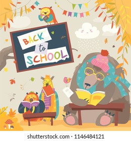Cute bear and owls and reading books in autumn forest. Back to school