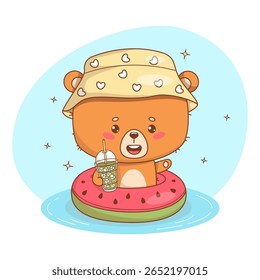 Cute bear in panama swims on watermelon ring with drink Cocktail with ice cubes. Funny summer Animal cartoon kawaii character vacation. Vector illustration. Kids collection. Not AI