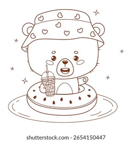 Cute bear in panama swims on watermelon ring with Cocktail with ice cubes. Funny summer Animal cartoon kawaii character vacation. Vector illustration. Kids collection. Not AI