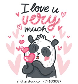 El personaje del oso dulce Panda enamorado del beso, los corazones y los textos caligráficos escritos. Te amo mucho. Dibujo a mano en caricatura, estilo doodle para tarjeta de saludo, afiche, pancarta, impresión