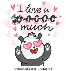 Cute Bear Panda character madly in love with hearts and lettering calligraphy text. I love you so much. Hand drawn illustration in cartoon, doodle style for greeting card, poster, banner, print