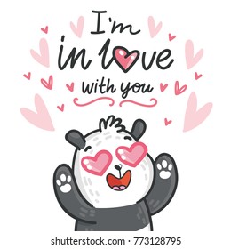 Cute Bear Panda character madly in love with hearts and lettering calligraphy text. I'm in love with you. Hand drawn illustration in cartoon, doodle style for greeting card, poster, banner, print