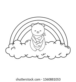 cute bear panda in the clouds with rainbow