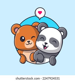 Ilustración de iconos vectores de caricaturas de Cute Bear y Panda Couple Friend. Concepto de icono de la naturaleza animal Vector Premium aislado. Estilo de dibujo plano