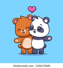 Cute Bear And Panda Couple Together Cartoon Vector Icon Illustration. Animal Love Icon Concept Isolated Premium Vector. Flat Cartoon Style