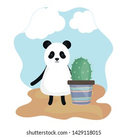 cute bear panda with exotic cactus in ceramic pot