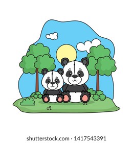 cute bear panda family in the landscape