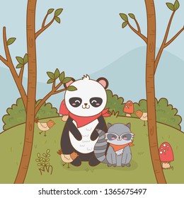 cute bear panda in the field woodland character