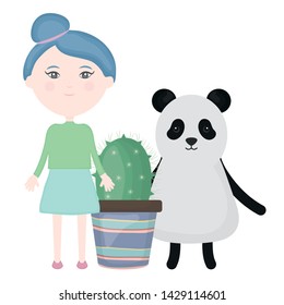 cute bear panda and girl with exotic cactus in ceramic pot