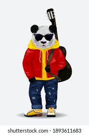 Cute bear panda with guitar and sunglass illustration.