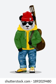 Cute bear panda with guitar, sunglasses and red hat illustration.