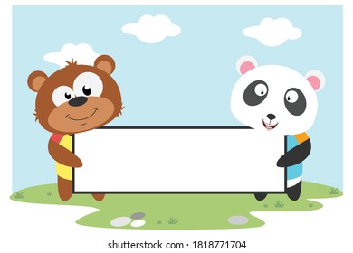 cute bear and panda hold a white board simple vector illustration design