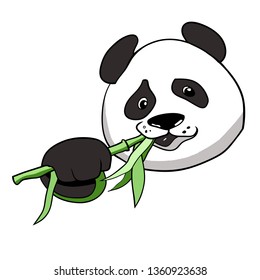 Cute bear, panda, kind cartoon character, eating green bamboo shoots, animal portrait, color vector logo, to illustrate articles on nature and animal welfare