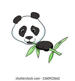 Cute bear, panda, kind cartoon character, eating green bamboo shoots, animal portrait, color vector logo, to illustrate articles on nature and animal welfare