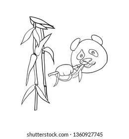 Cute bear, panda, kind cartoon character, eating green bamboo shoots, animal portrait, for logo, vector, to illustrate articles on nature and animal welfare