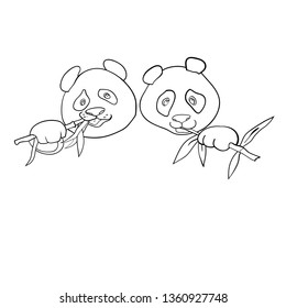 Cute bear, panda, kind cartoon character, eating green bamboo shoots, animal portrait, for logo, set of linear drawings, vector, to illustrate articles on nature and animal welfare