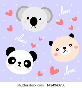 Cute bear (Panda, Koala and bear ) in love Collection on blue background with white dot. Vector and seamless. Pastel color.