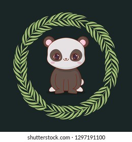 cute bear panda with leafs
