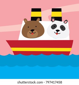 Cute bear and panda on a cruise ship. Cute animal in transportation vehicle set.