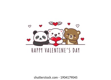 Cute Bear, Panda, Polar Bear Drawing Happy Valentines Day Doodle