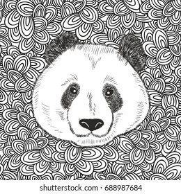 Cute bear panda portrait. Vector illustration with endless doodle background.