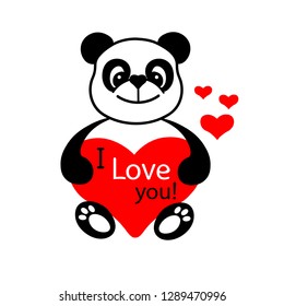 Cute bear, Panda, with a red heart and the inscription I love you on a white background.