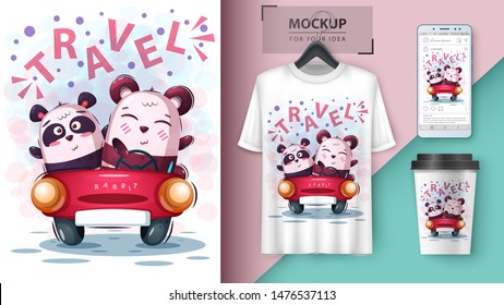 Cute bear and panda unicorn poster and merchandising. Vector eps 10