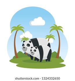 cute bear pandas in the landscape family characters