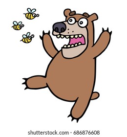 Cute bear in panic. Angry bees. Vector illustration. Funny screaming amazed cartoon character. Fright and fear.