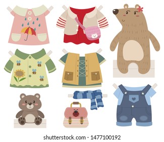 Cute Bear Paper Doll Dress Up Toy. Bear Girl With Clothes And Accessories. Paper Doll Vector Cartoon. Paper Doll Toy For Kid. 