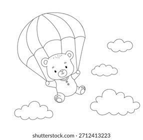 Oso lindo con el paracaídas, ilustración dibujada a mano de la línea aislada en el fondo blanco para el libro para colorear
