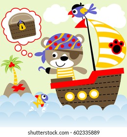 Cute bear with parrot in pirate costume on sailboat, pirate sailing element, vector cartoon illustration