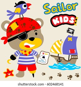 Cute bear and parrot in pirate costume with sailboat, pirate sailing elements, vector cartoon illustration