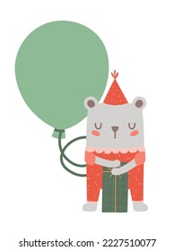 Cute bear in party cap  with balloon and place for text with greetings. Cartoon kawaii animal in crown. Kids vector illustration. Children clipart for birthday cards, baby shower, invitation.