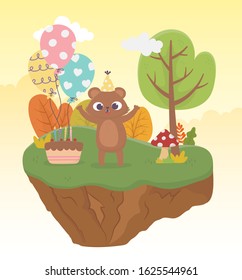 cute bear with party hat cake balloons celebration happy day vector illustration