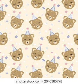 Cute bear with party hat and star seamless pattern 