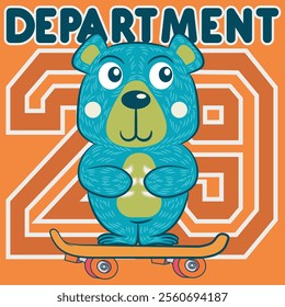 Cute bear with pastel colors, childish design with college or school-style decorations, numbers and eye-catching patches with embroidery and simulated shields.