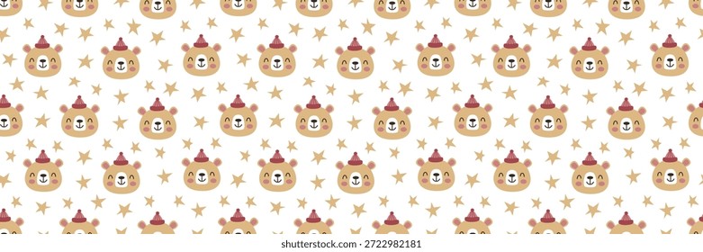 Cute bear pattern with adorable animal faces in seamless design. Perfect for winter baby textiles, kids Christmas prints, and nursery decor with charming teddy characters.