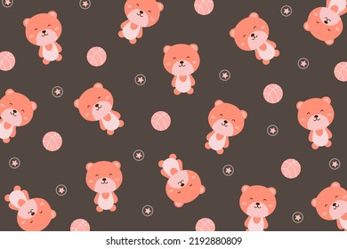 Cute bear pattern with basketball and star isolate on brown background. Creative for print, screen, wallpaper, textile or cover.Vector.Illuatration.
